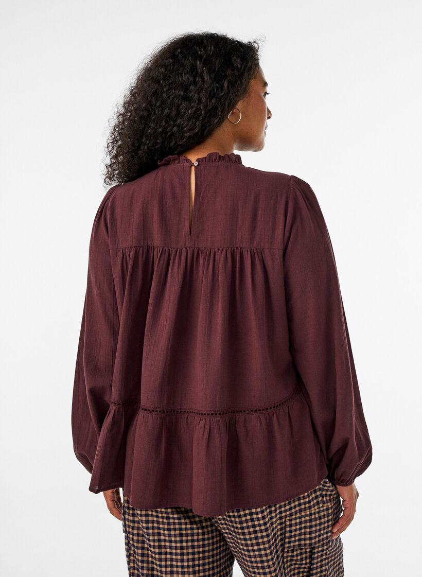 Bluse med broderi og hulm&oslash;nsterb&aring;nd, M&oslash;rk Bordeaux, Model image number 2