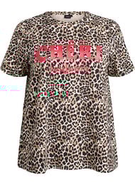 T-shirt med leopardprint og tekstmotiv, Brun