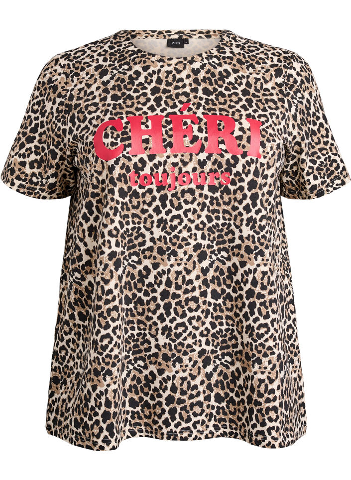 T-shirt med leopardprint og tekstmotiv, Brun, Packshot image number 0
