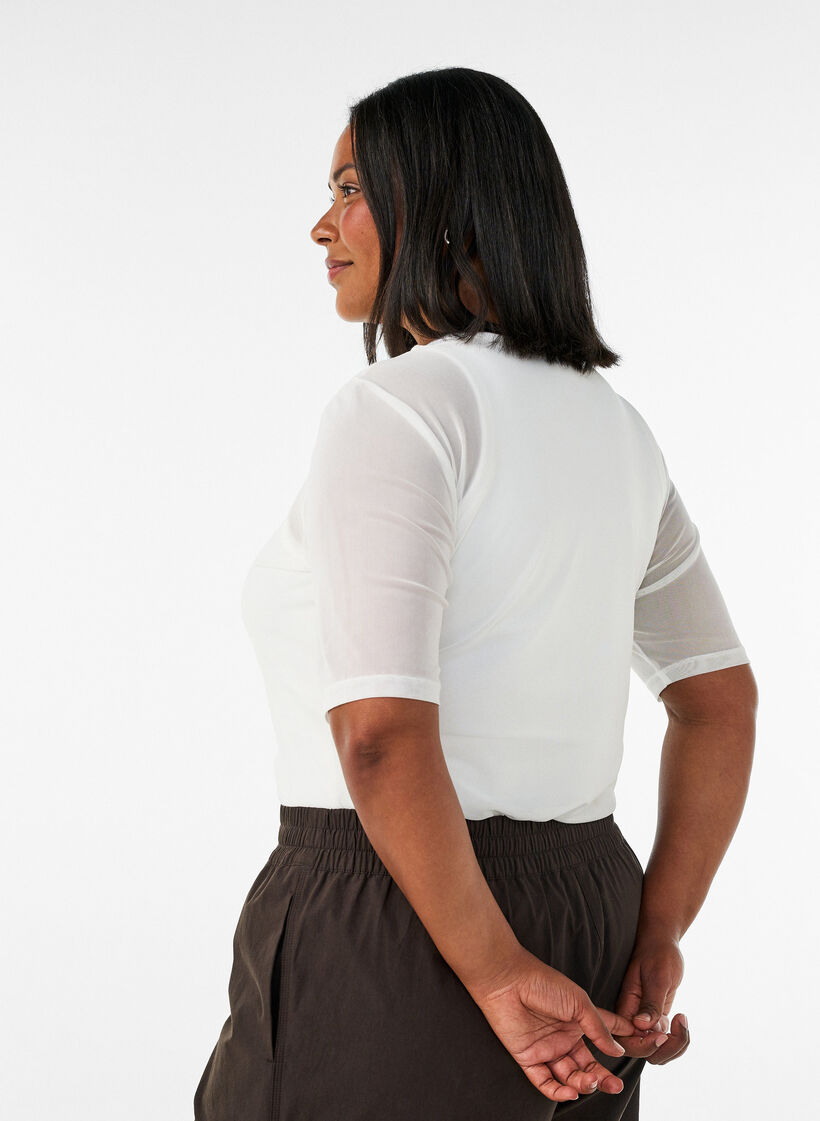 Meshbluse med korte &aelig;rmer og rund hals, Vanilla, Model image number 2