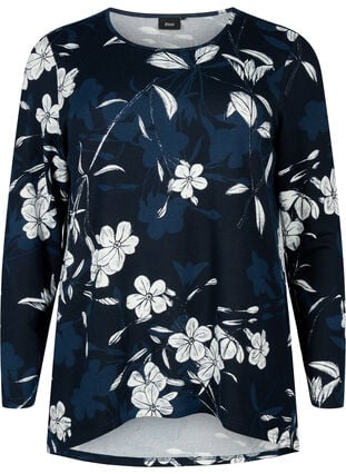 Blomstret bluse med lange ærmer, Navy B. Flower AOP, Packshot image number 0