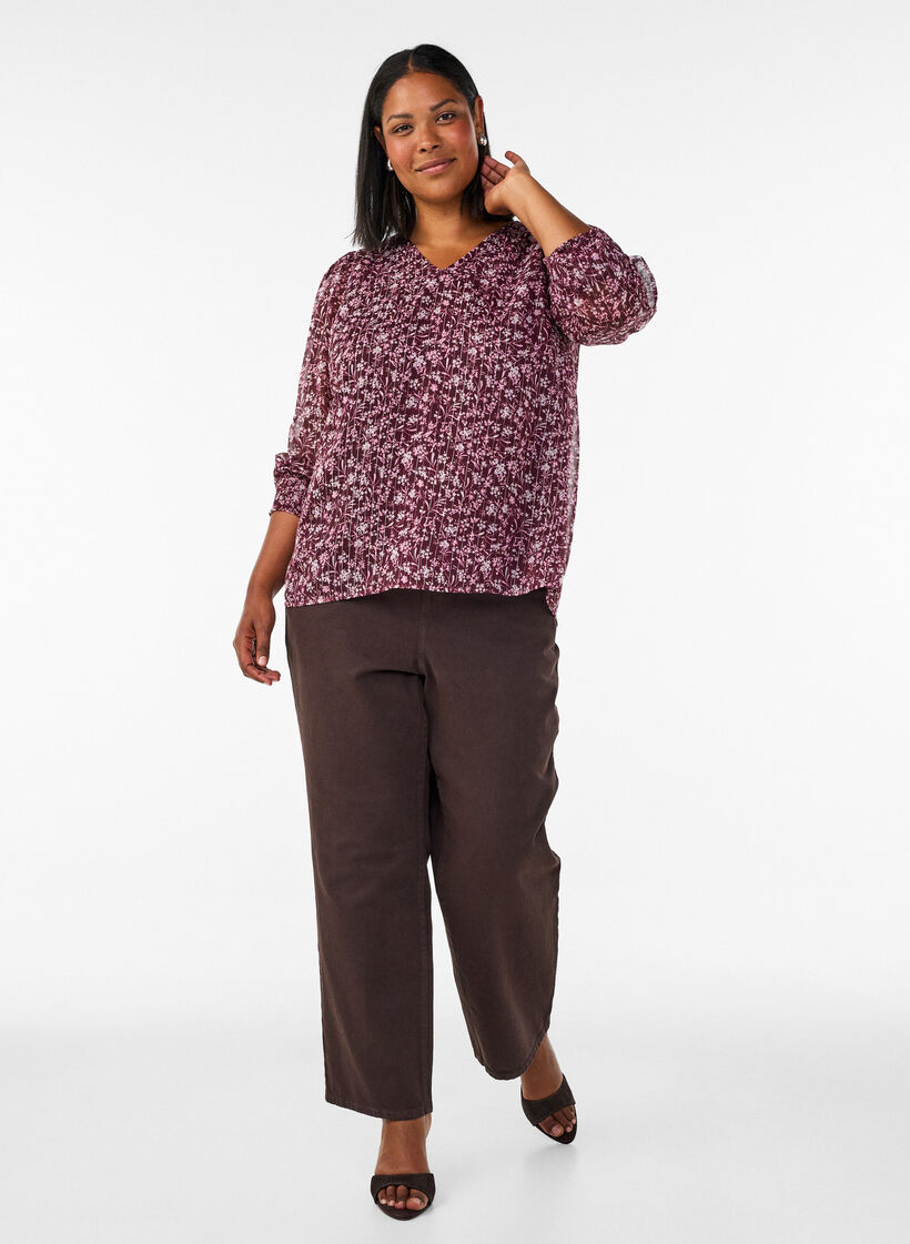 Bluse med blomsterprint og glittertr&aring;d, R&oslash;d, Model image number 1