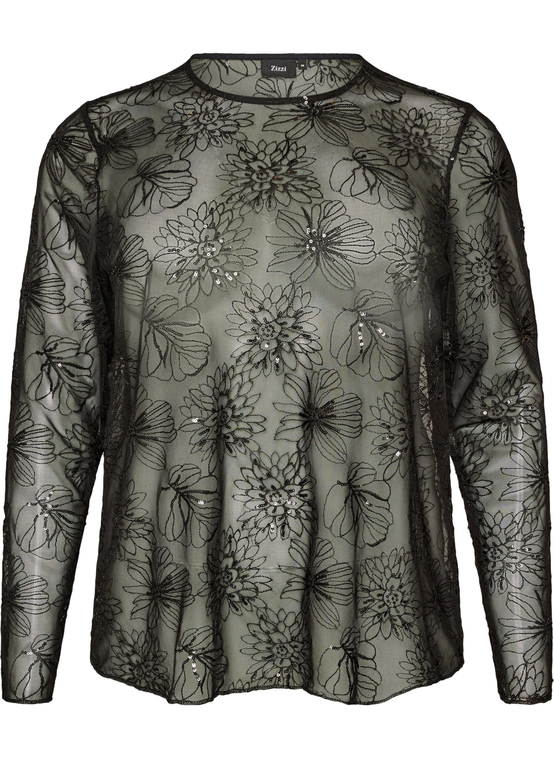 Meshbluse med blomster og pailletter