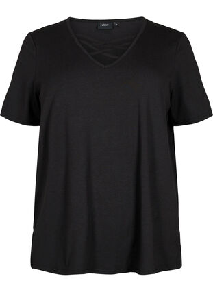 T-shirt med v-udskæring og krydsdetalje, Black, Packshot image number 0