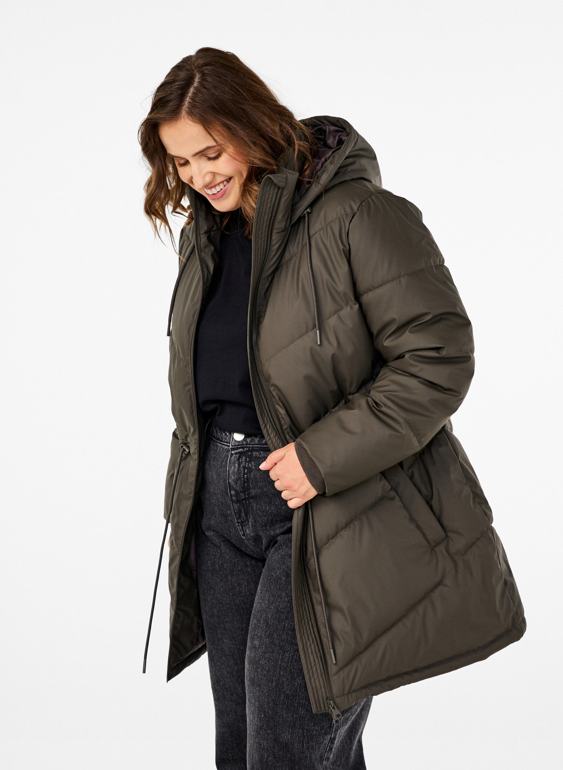 Zizzi Vandafvisende pufferjakke med h&aelig;tte, Brun, Model image number 0