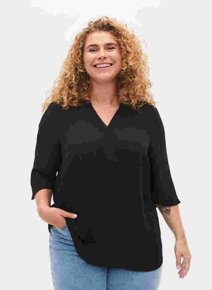 Bluse med 3/4 ærmer og v-hals, Black, Model image number 0
