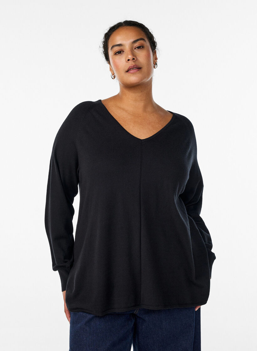 Finstrikket bluse med v-hals og frontdetalje, Sort, Model image number 0