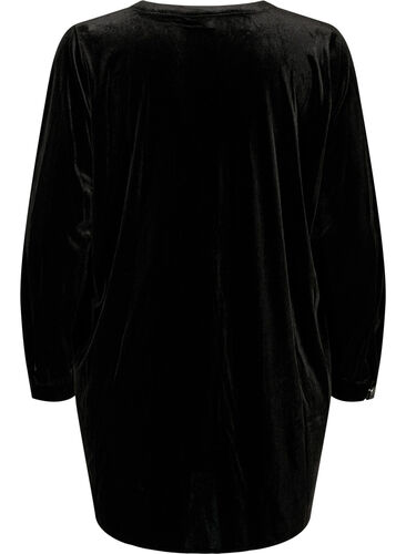Langærmet velourkjole med v-hals, Black, Packshot image number 1