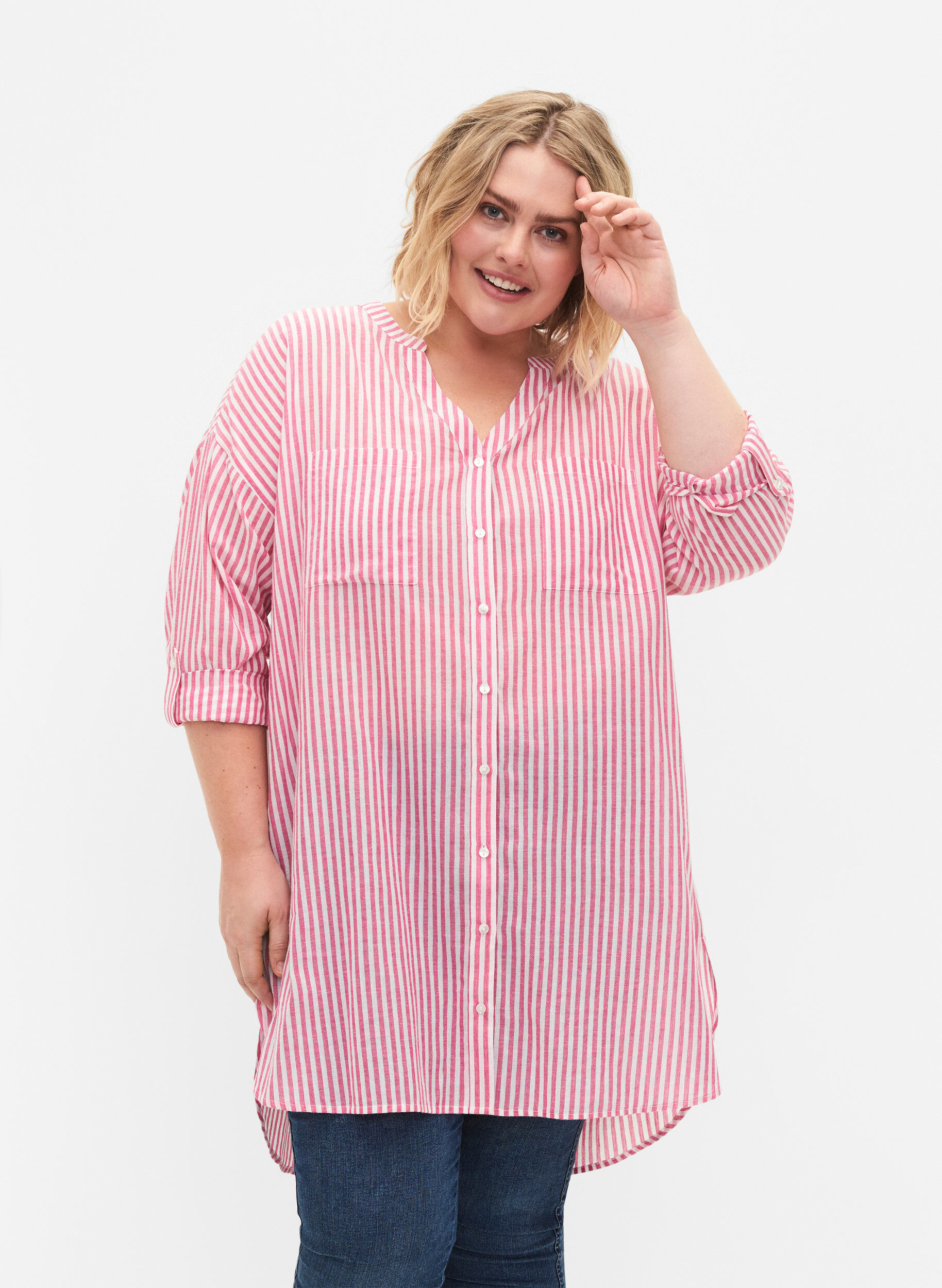 Zizzi Stribet tunika med v-hals og knapper, Beetroot Stripe, Model image number 0