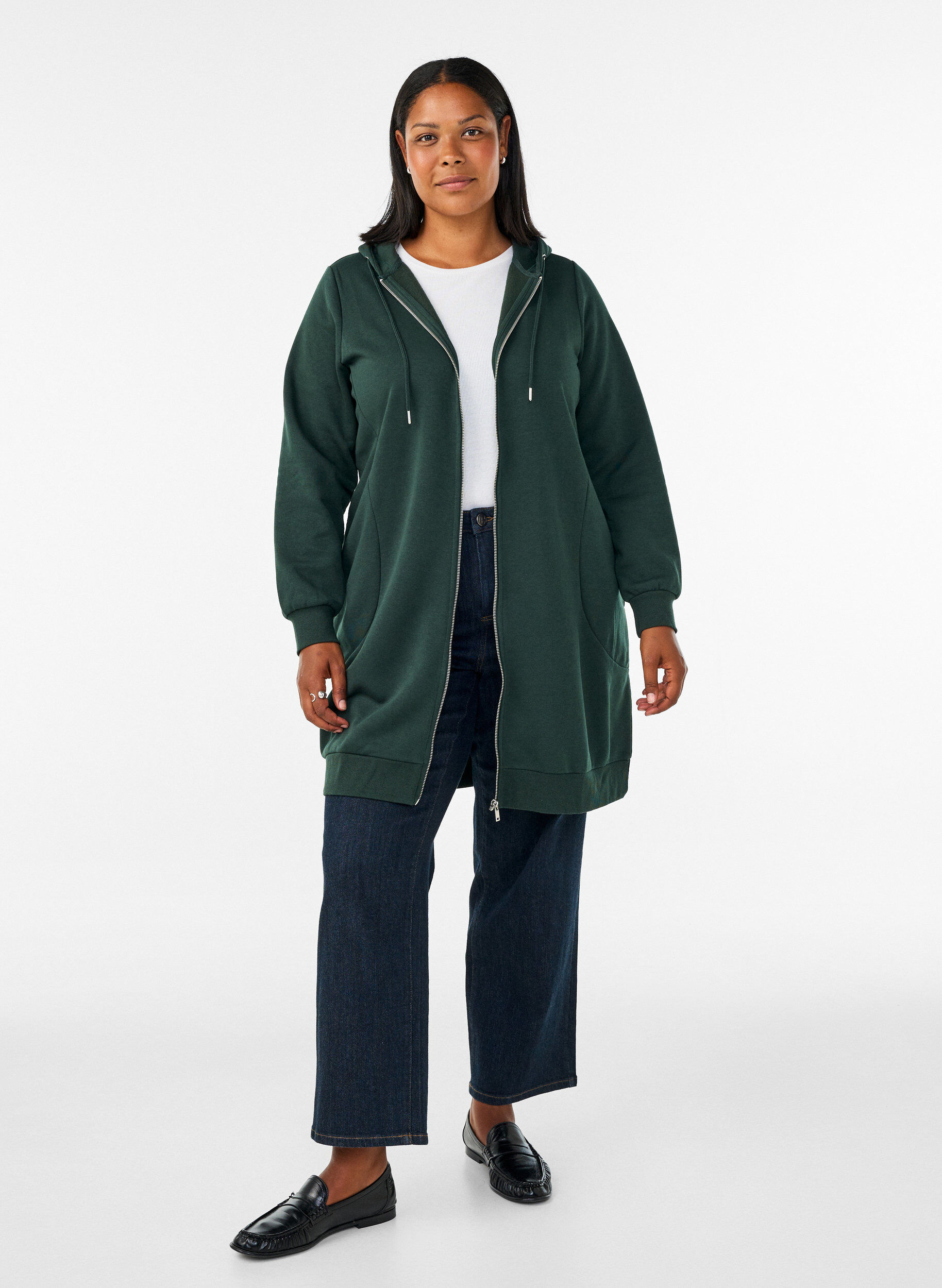 ZizziLang h&aelig;ttetr&oslash;je med lynl&aring;s og lommer, Gr&oslash;n, Model image number 1
