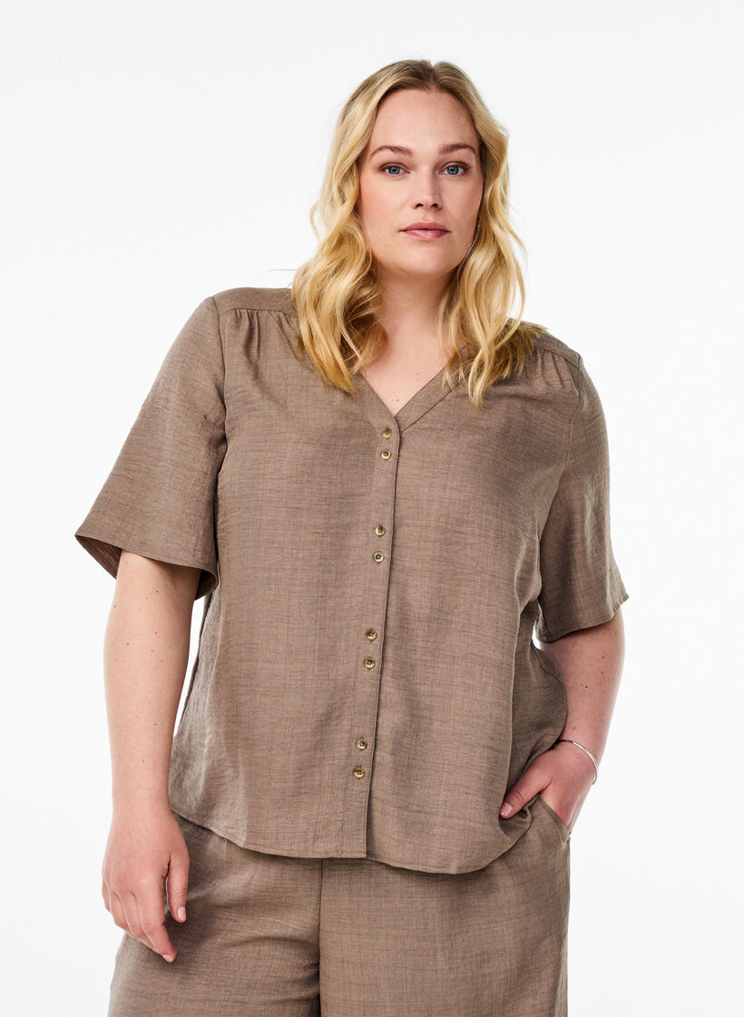 Skjortebluse med v-hals og korte &aelig;rmer, Brun, Model image number 0