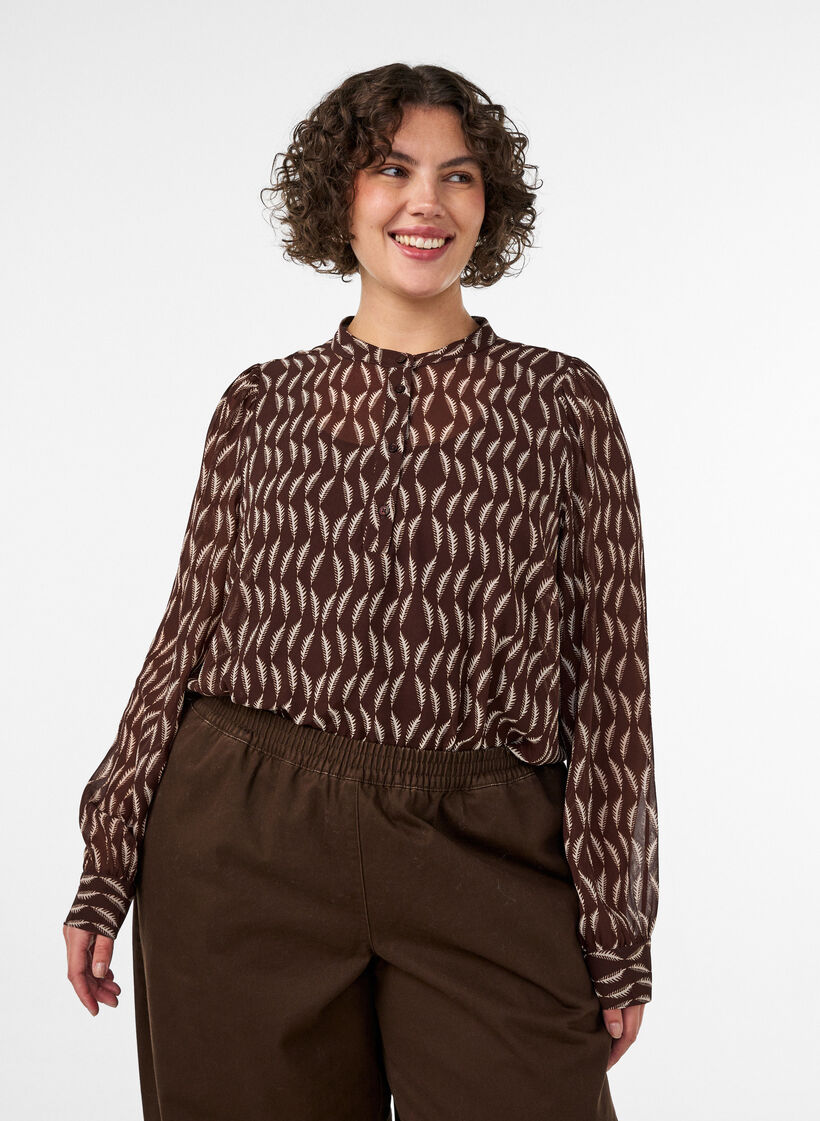 Bluse med all-over print og kort knapstolpe, Brun, Model image number 0