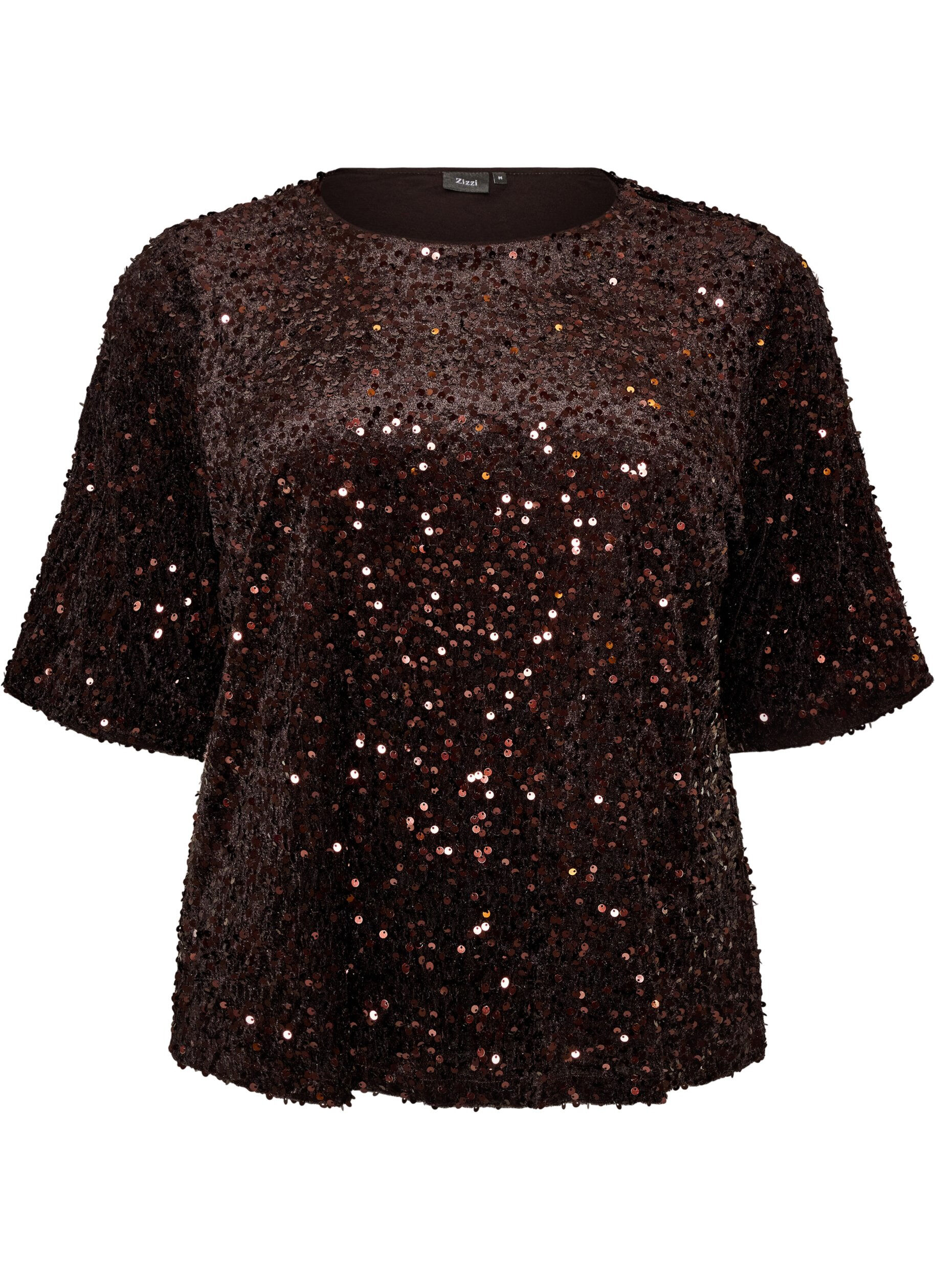 ZizziPailletbluse med albuelange &aelig;rmer, Brun, Packshot image number 0