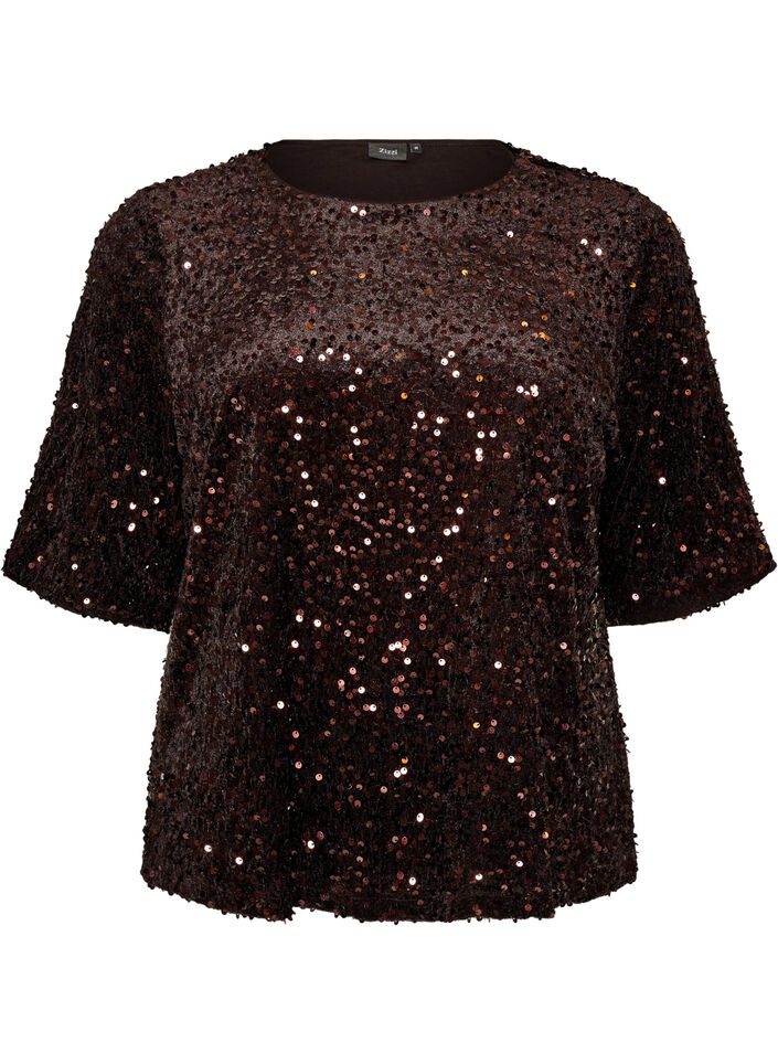 Pailletbluse med albuelange &aelig;rmer, Brun, Packshot image number 0