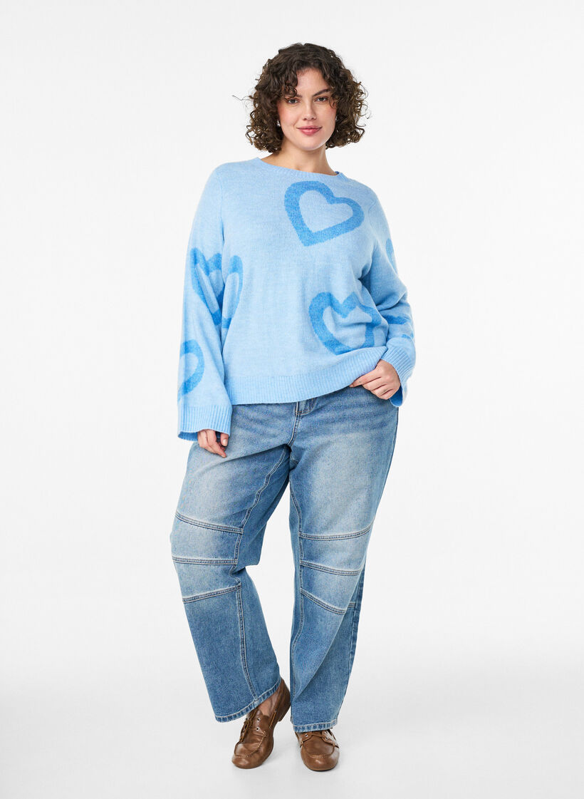 Strikbluse med store hjerter og rund hals, Blå, Model image number 1