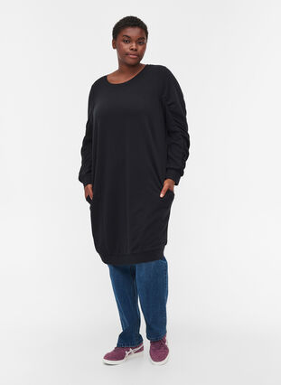 Sweatkjole med lommer og draperede ærmer, Black, Model image number 2