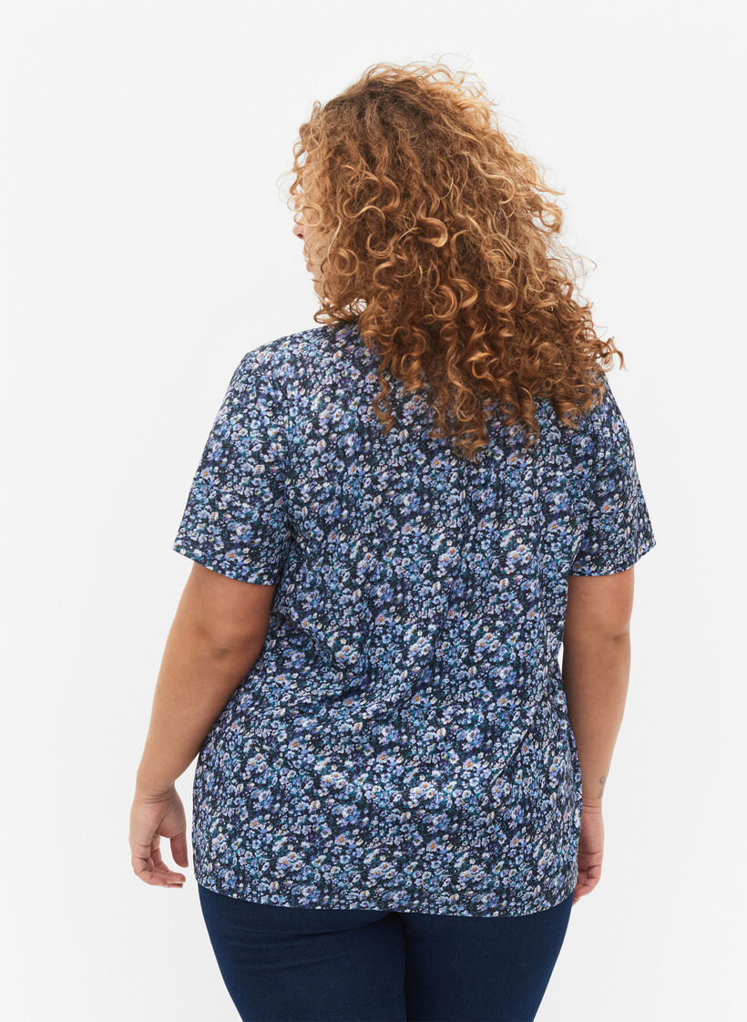 FLASH - Printet t-shirt med v-hals, Blue Green Ditsy, Model image number 1