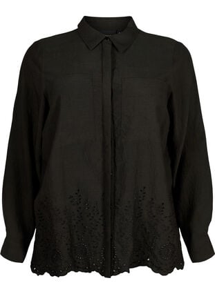 Skjorte i viskose med broderi anglaise, Black, Packshot image number 0