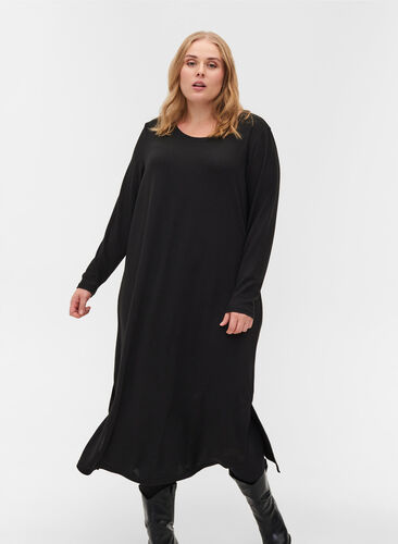 Ensfarvet kjole med lange ærmer og slids, Black, Model image number 0