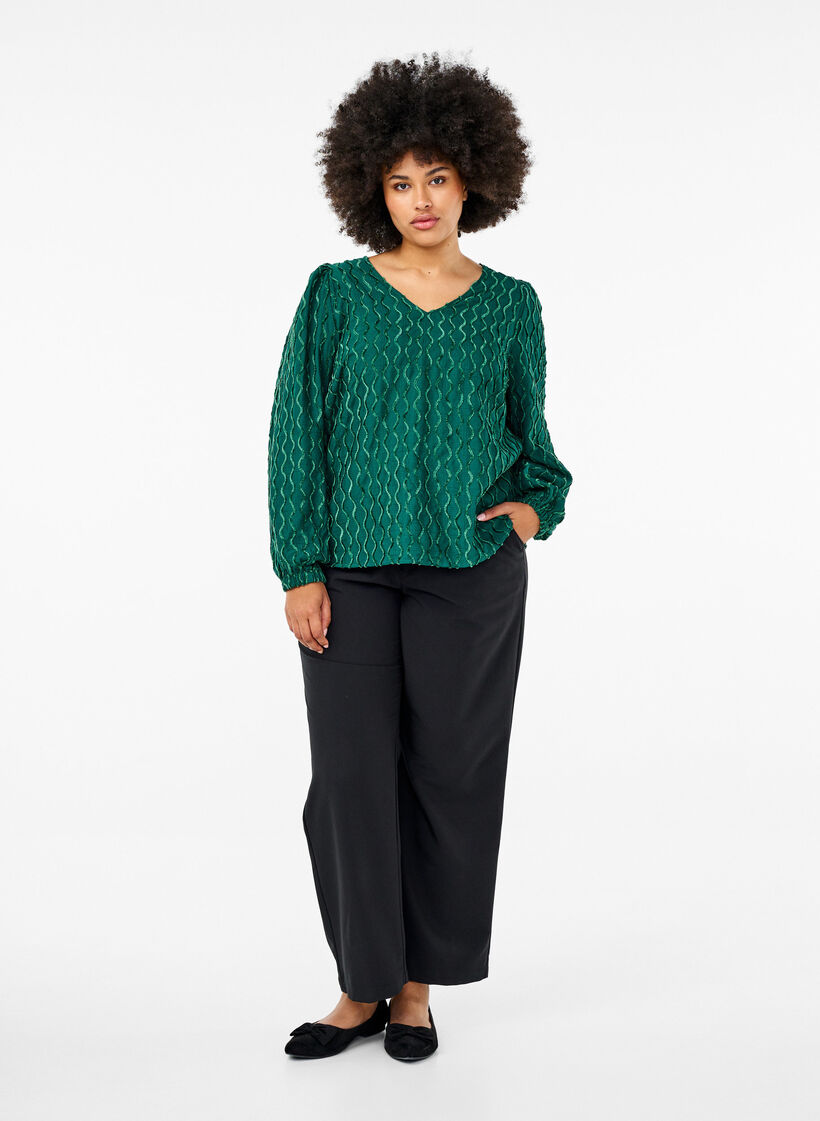 Langærmet bluse med mønster og V-hals, Rain Forest, Model image number 2