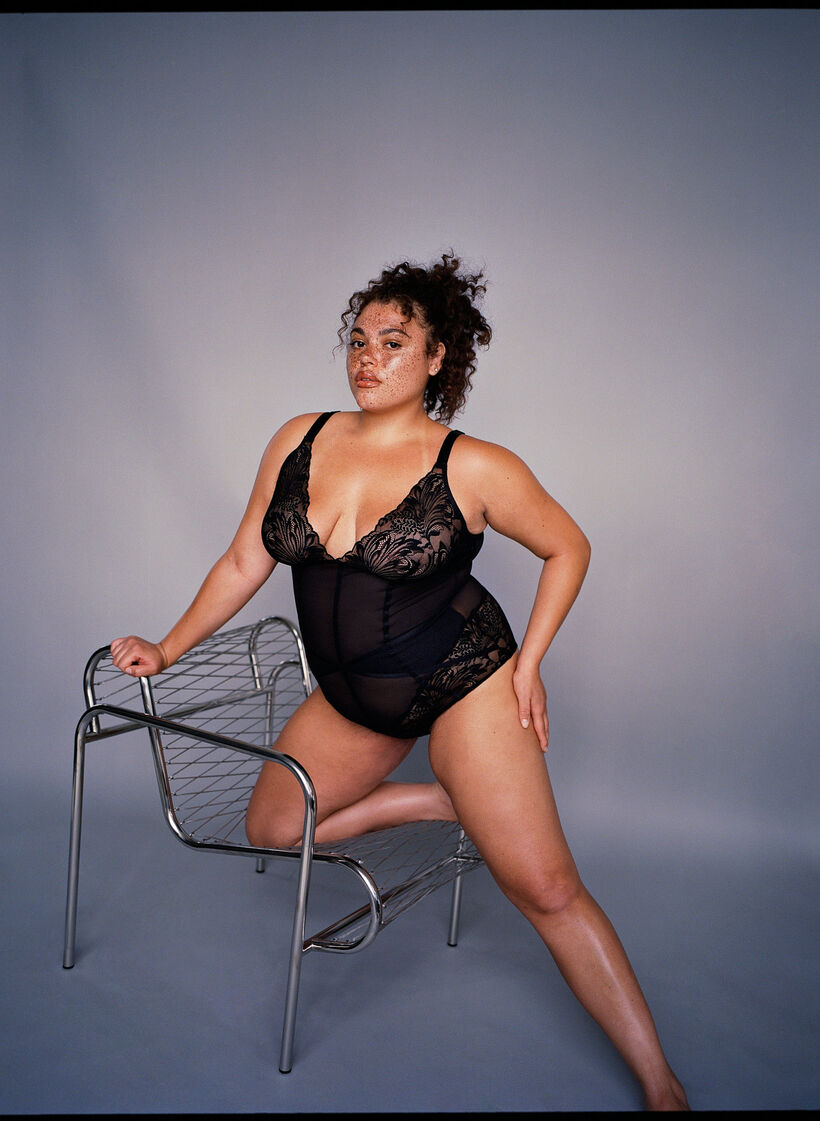 Bodystocking med mesh og blonder, Black, Image