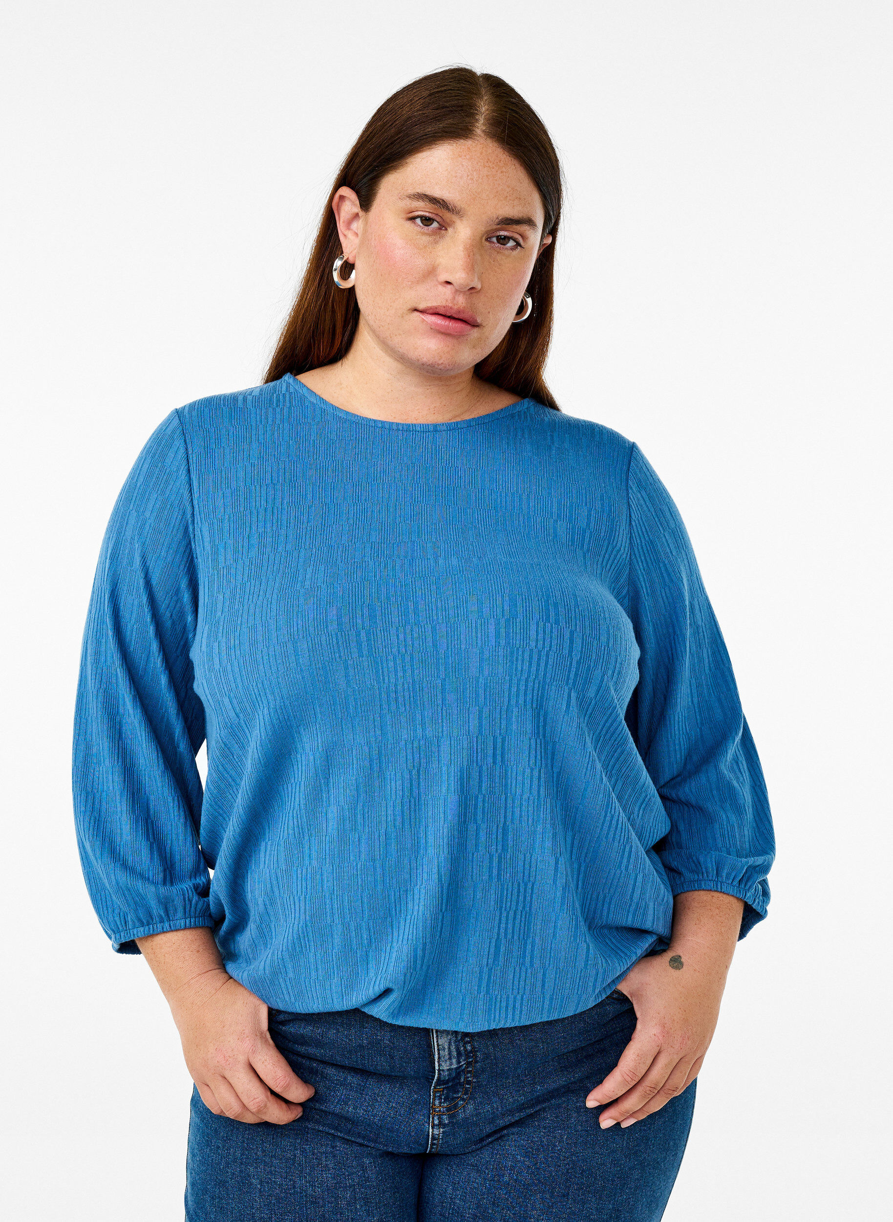 Zizzi Bluse med struktur og 3/4 &aelig;rme, Bl&aring;, Model image number 0