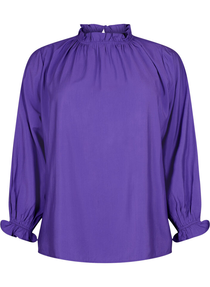 Langærmet viskosebluse med flæser, Prism Violet, Packshot image number 0