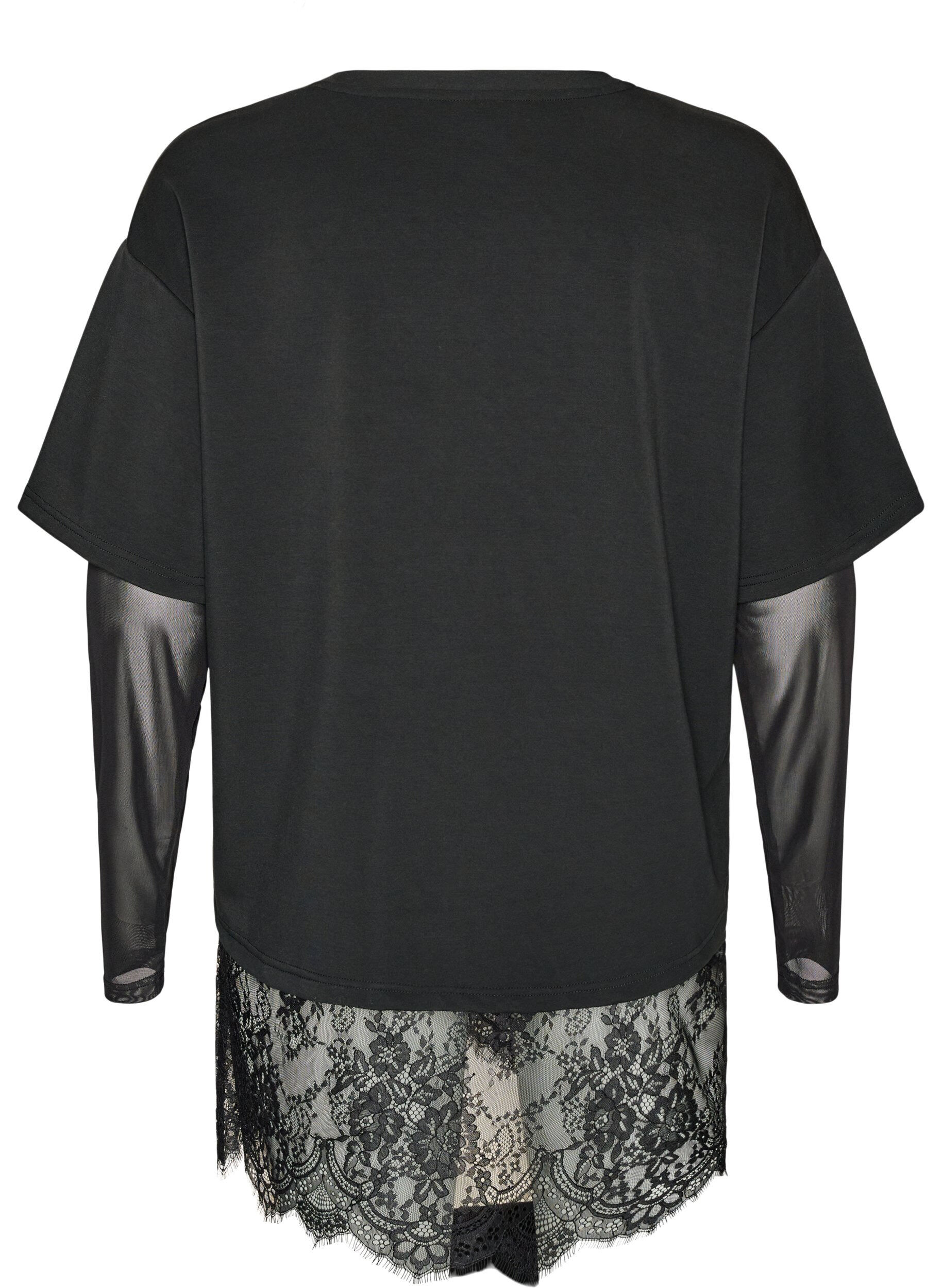 ZizziBluse med mesh&aelig;rmer og blondekant, Sort, Packshot image number 1
