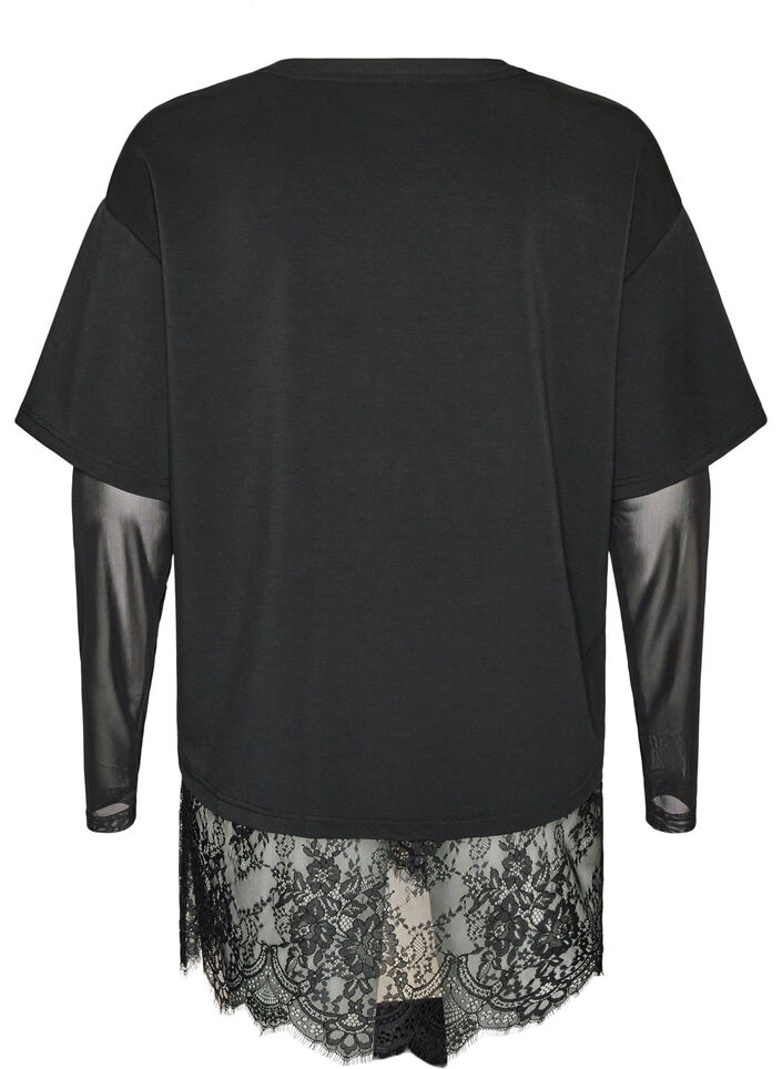 Bluse med mesh&aelig;rmer og blondekant, Sort, Packshot image number 1
