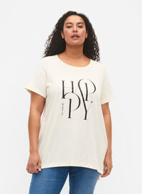 T-shirt i bomuld med teksttryk, Buttercream HAPPY, Model