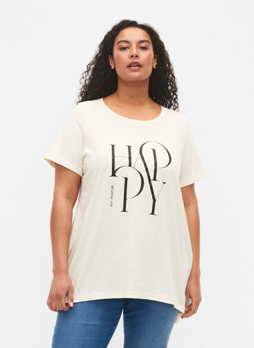T-shirt i bomuld med teksttryk, Buttercream HAPPY, Model image number 0
