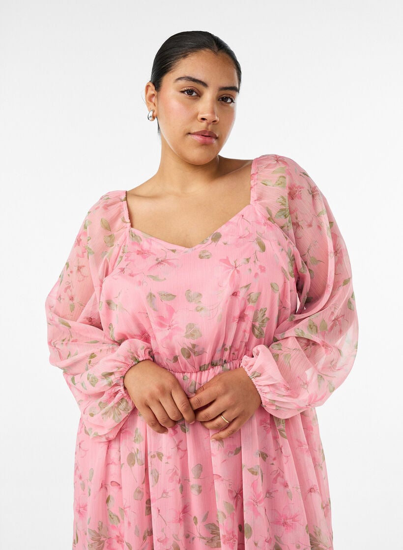 Festkjole i chiffon med lange &aelig;rmer, Lyser&oslash;d, Model image number 2