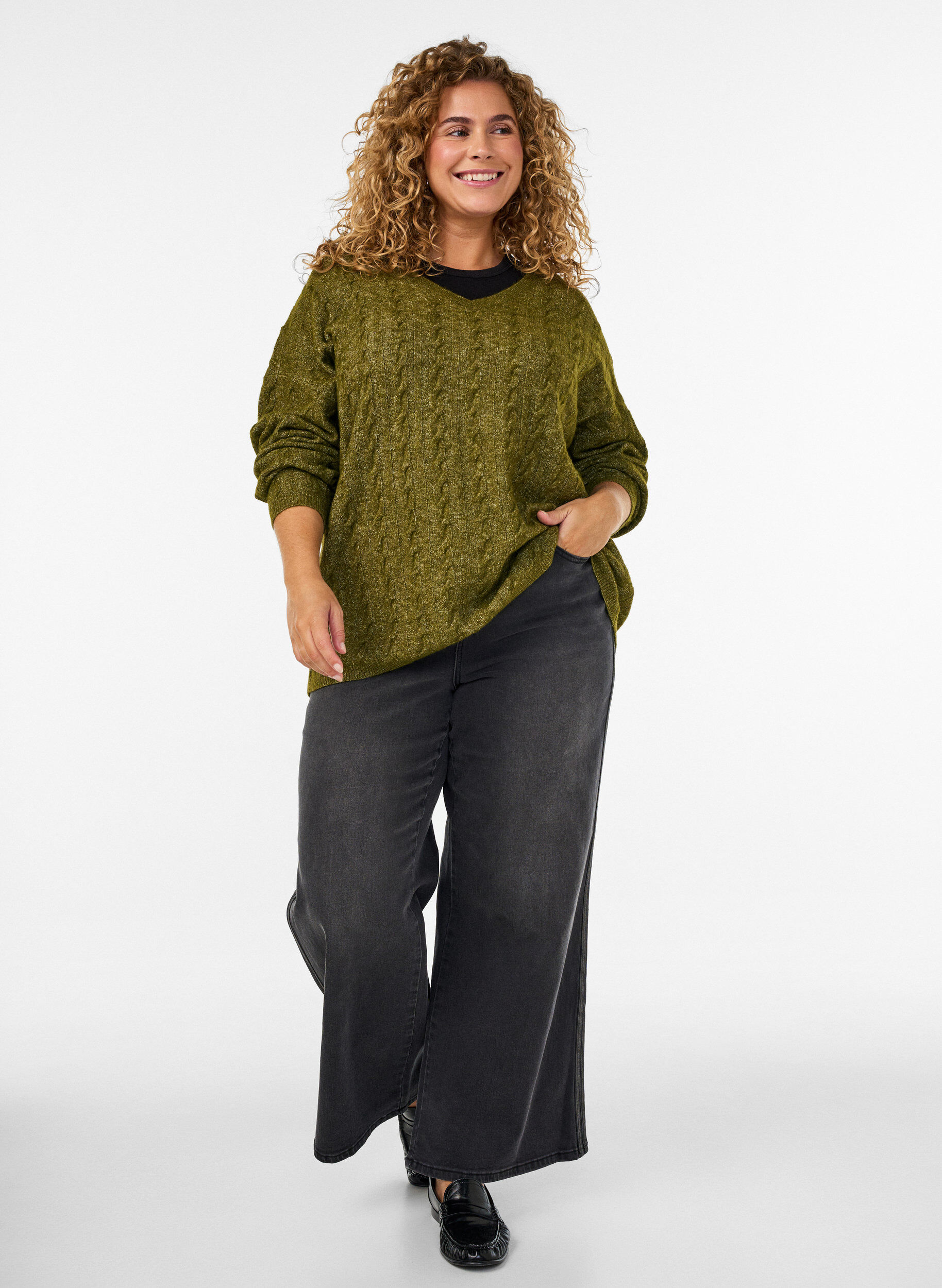 ZizziStrikbluse med kabelstrik og V-udsk&aelig;ring, Gr&oslash;n, Model image number 1