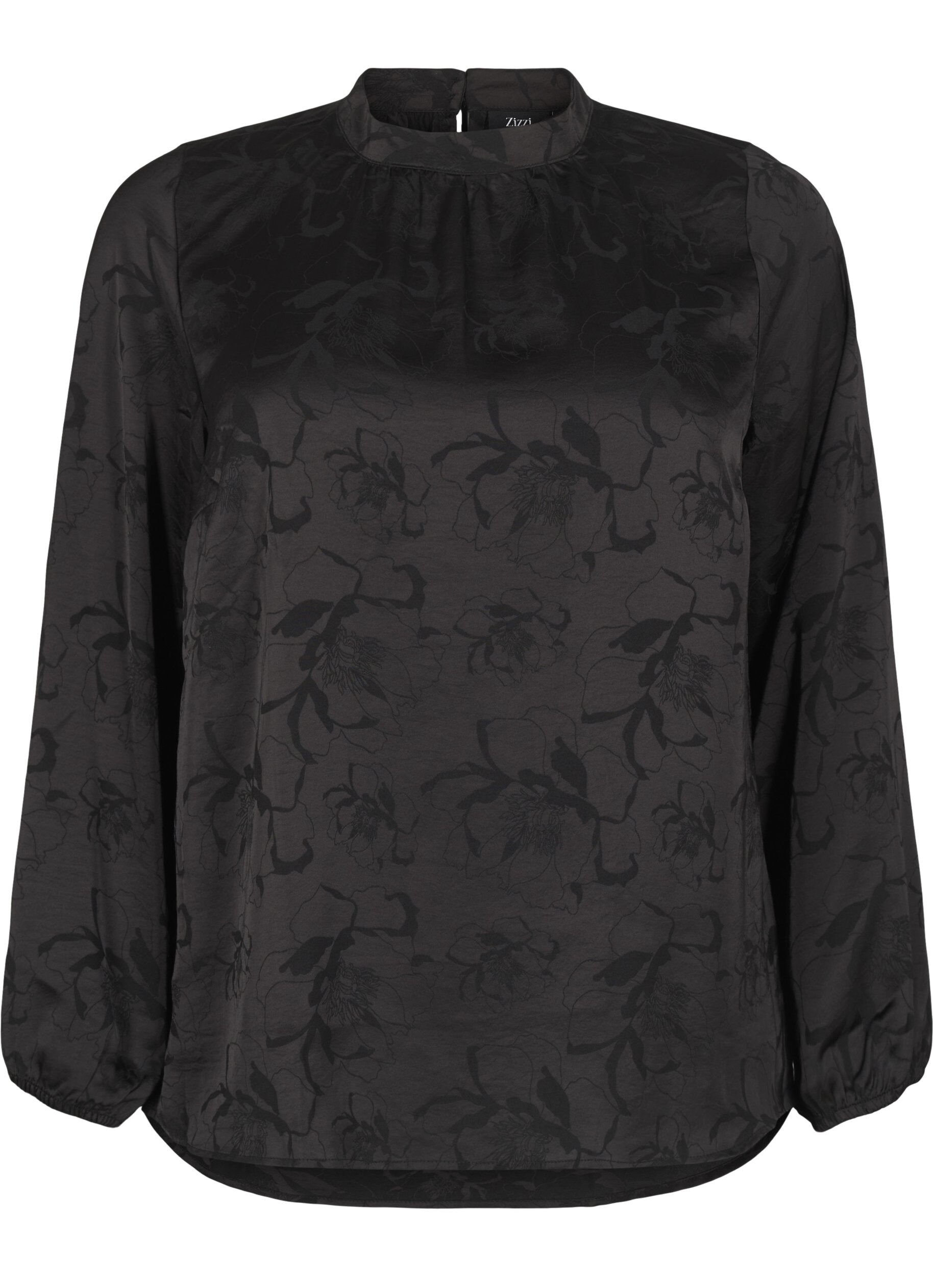 Zizzi Satinbluse med tone-i-tone m&oslash;nster, Black, Packshot image number 0