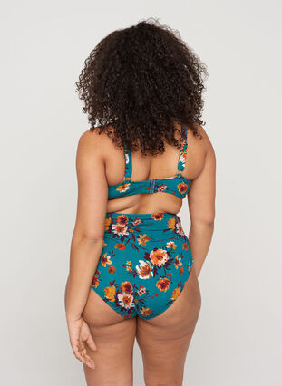 Højtaljet bikini underdel med blomsterprint, Green Flower, Model image number 1