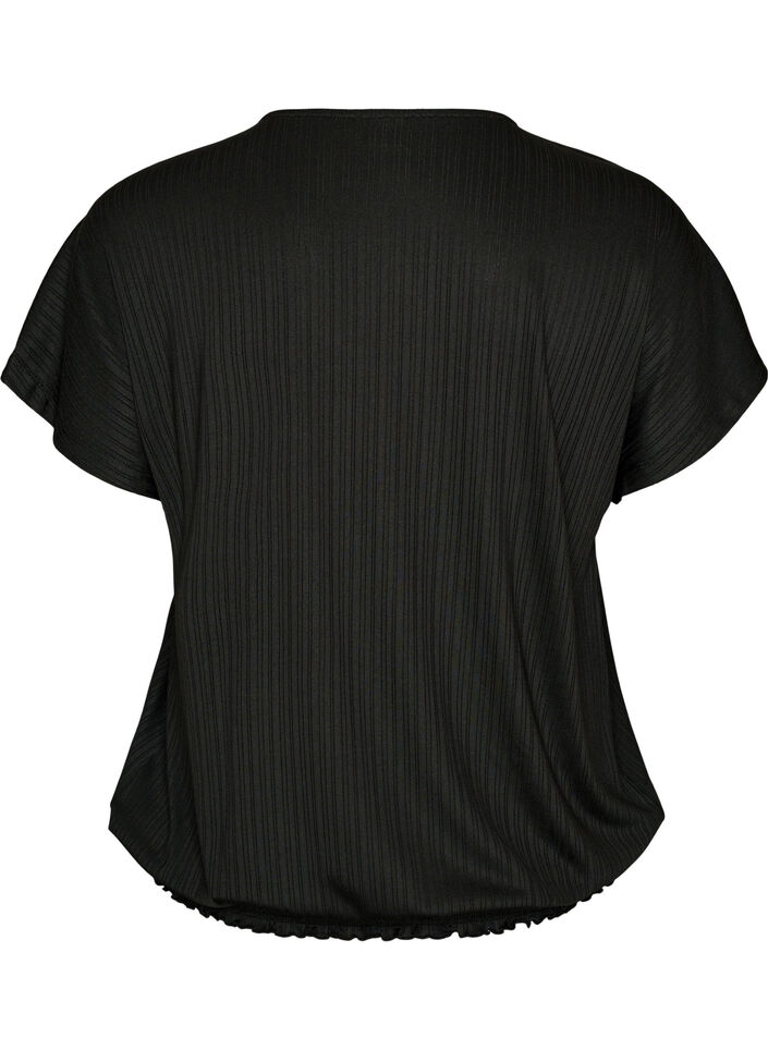 Jerseybluse med strukturstriber og smockkant, Sort, Packshot image number 1