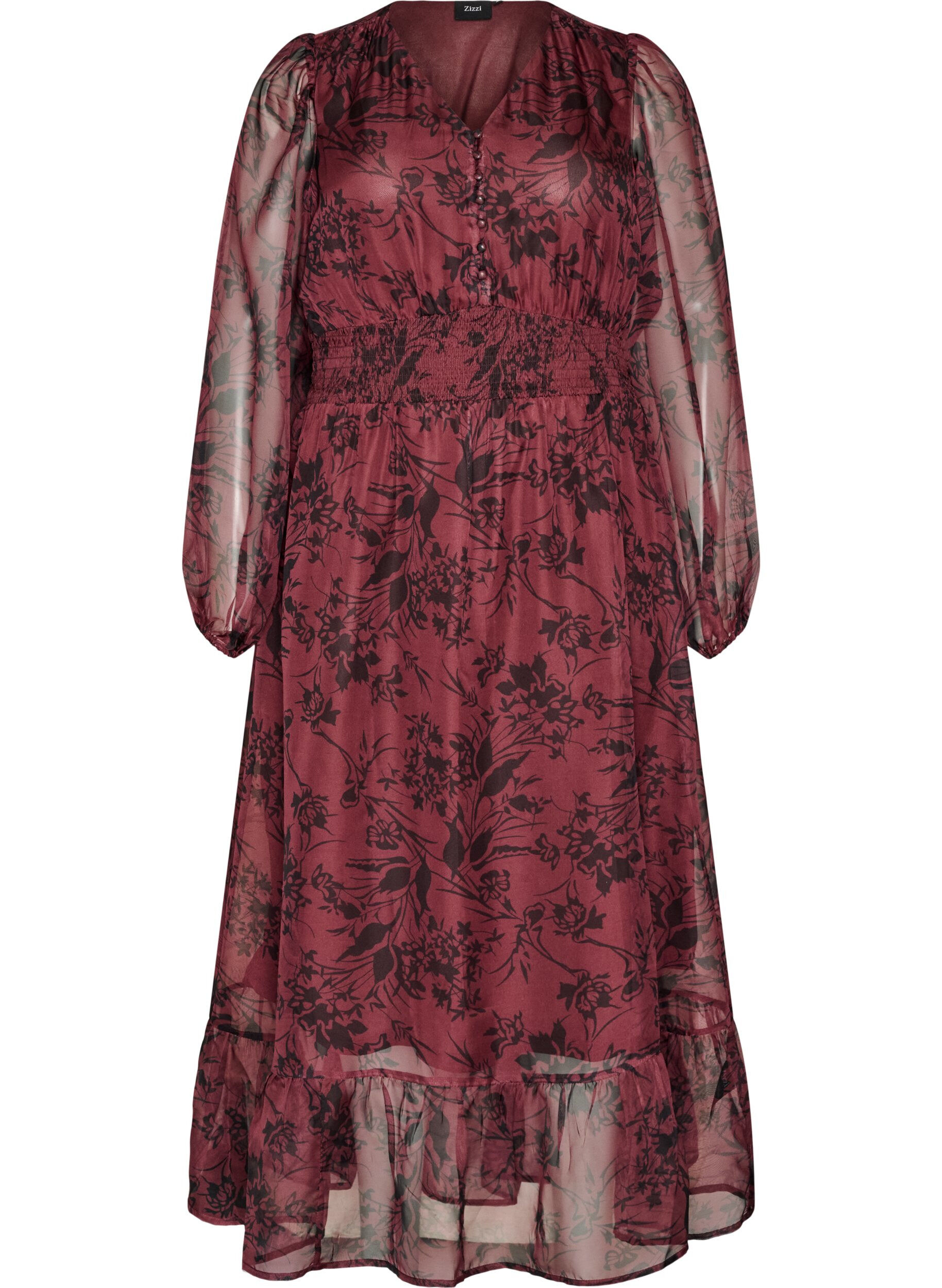 ZizziMaxikjole med blomsterprint og smock, M&oslash;rk Bordeaux, Packshot image number 0