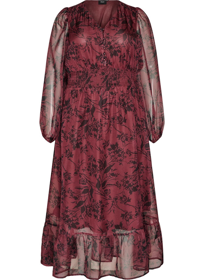 Maxikjole med blomsterprint og smock, M&oslash;rk Bordeaux, Packshot image number 0