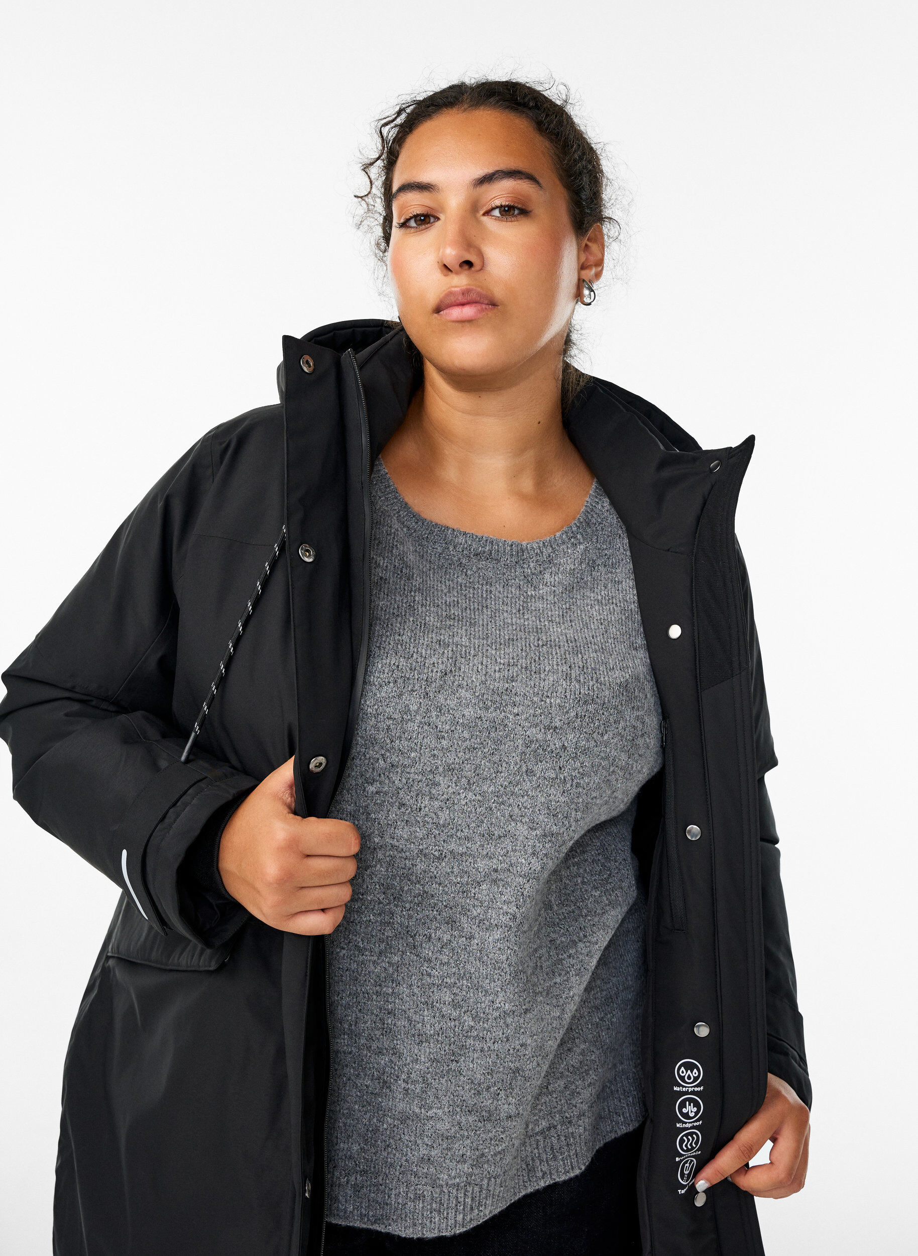Zizzi Vandafvisende parka med h&aelig;tte og funktionelle detaljer, Sort, Model image number 3