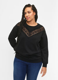 Sweatshirt med flæse og crochet detalje, Black, Model