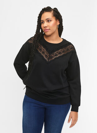 Sweatshirt med flæse og crochet detalje, Black, Model image number 0