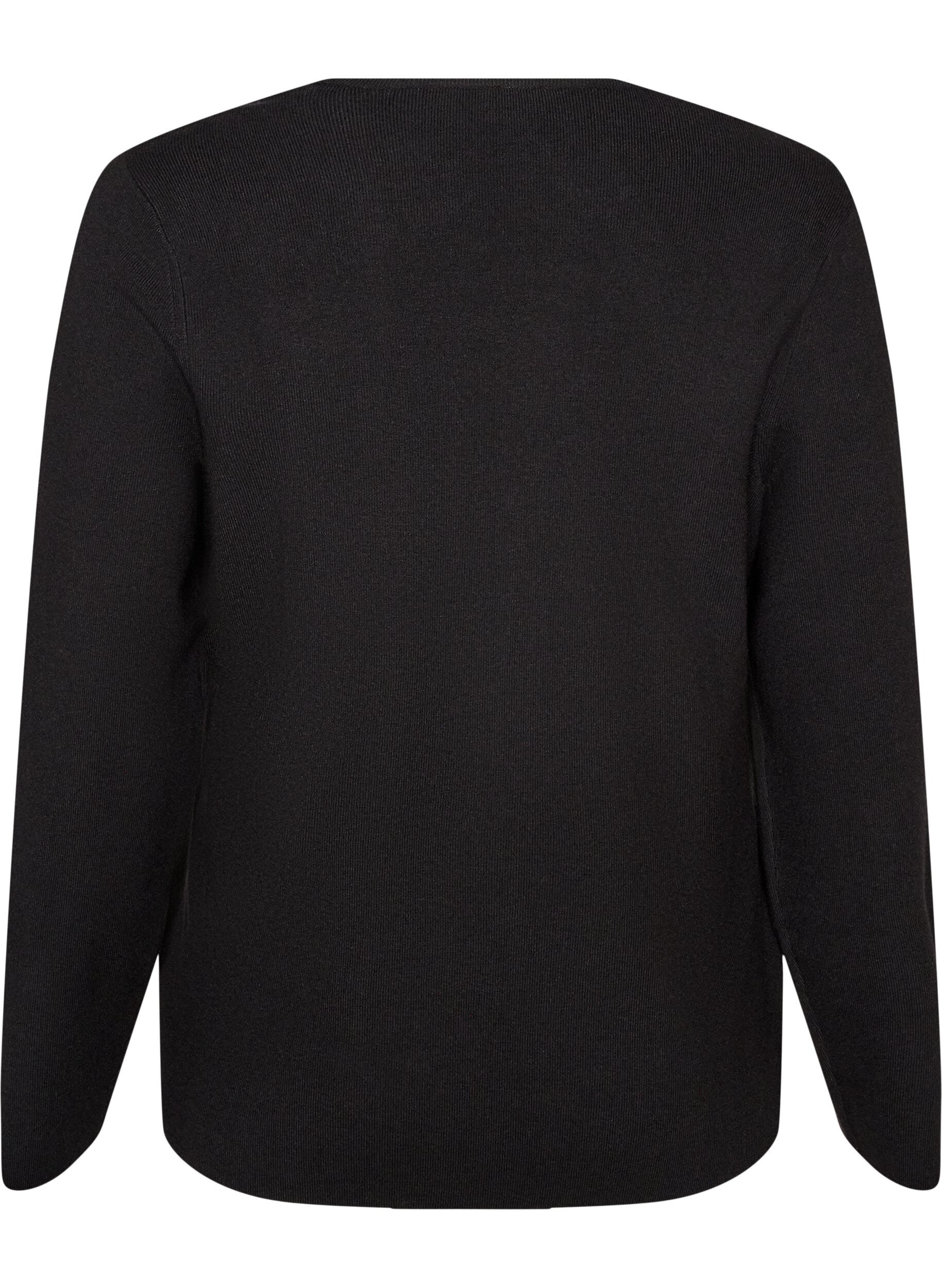 ZizziFinstrikket cardigan med stofbetrukne knapper, Sort, Packshot image number 1