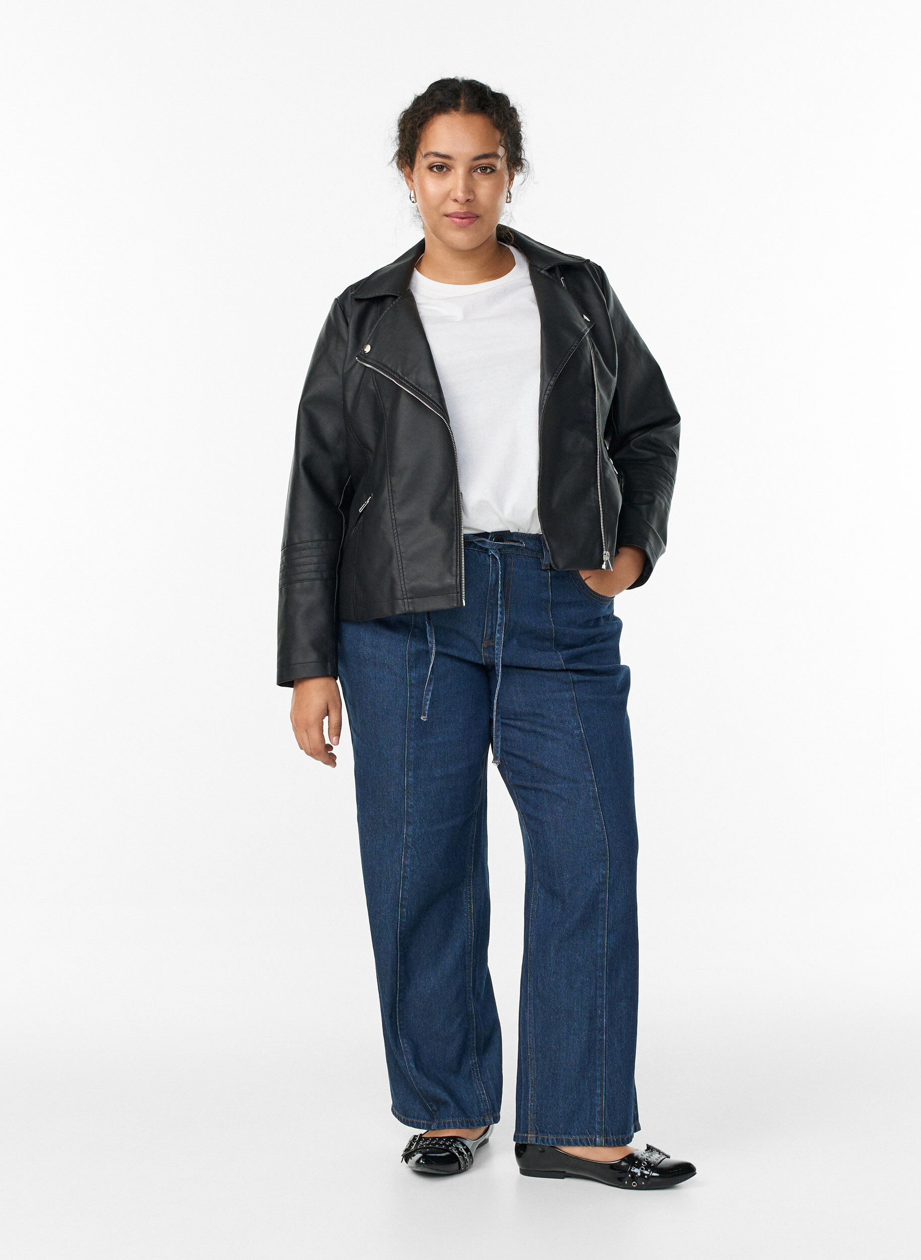 Zizzi Bikerjakke i imiteret l&aelig;der , Sort, Model image number 1