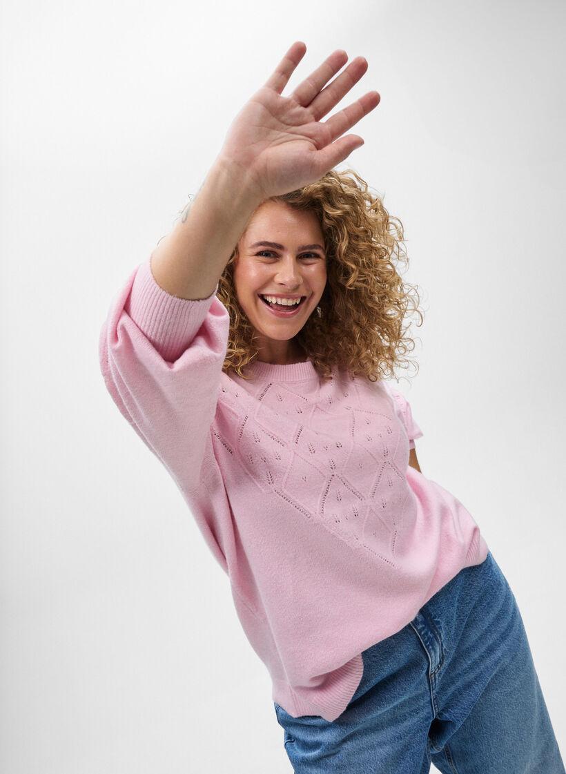 Strikbluse med hulmønster og ballonærmer, Lyserød, Model image number 2