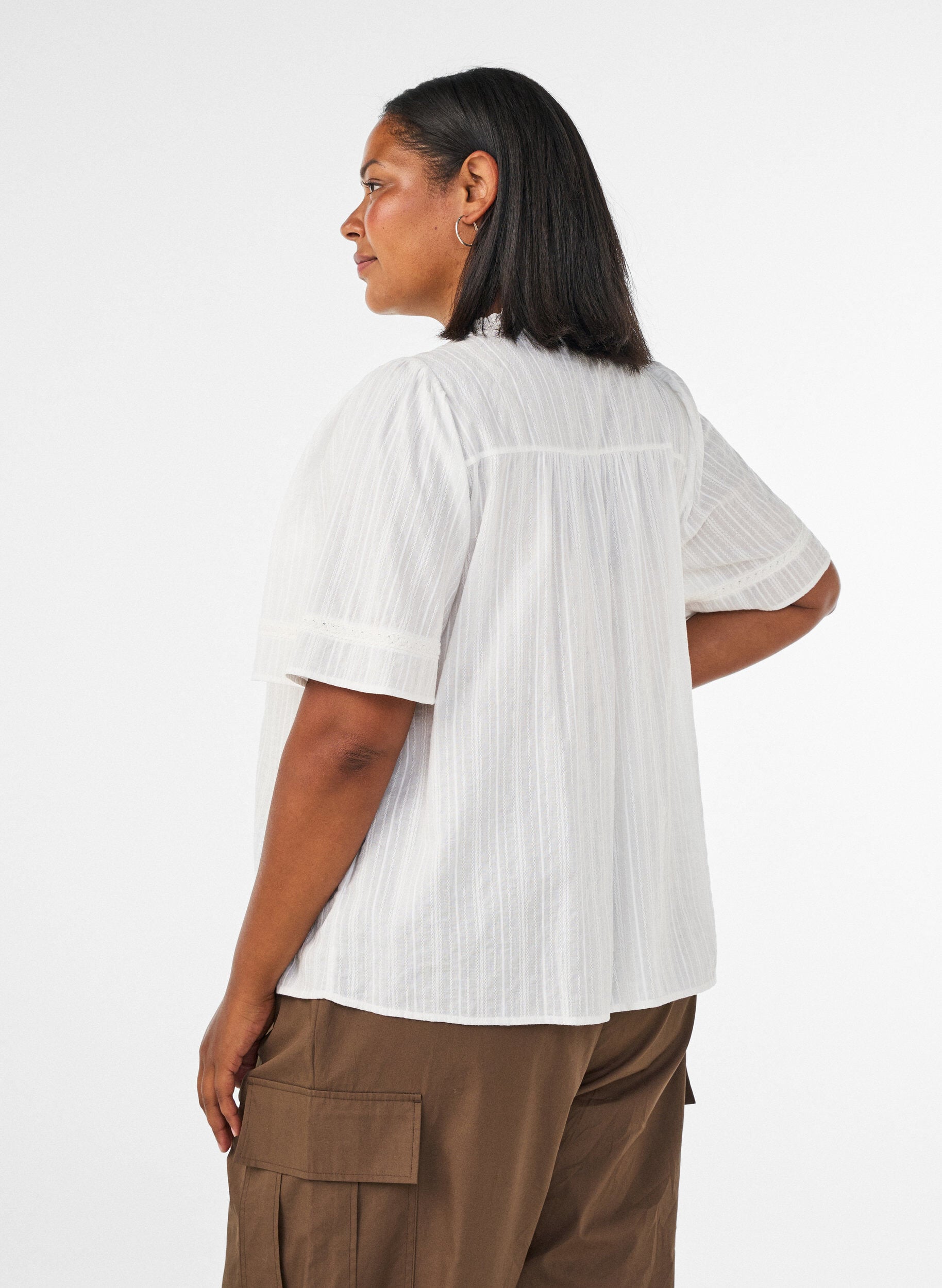 ZizziBluse i bomuld med dekorative b&aring;nd, Vanilla, Model image number 2