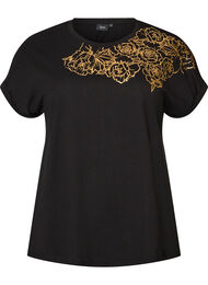 T-shirt i bomuld med blomstermotiv, Sort