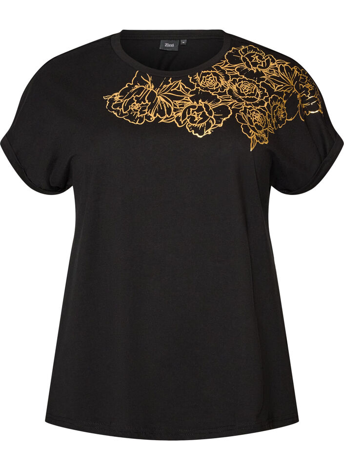 T-shirt i bomuld med blomstermotiv, Sort, Packshot image number 0