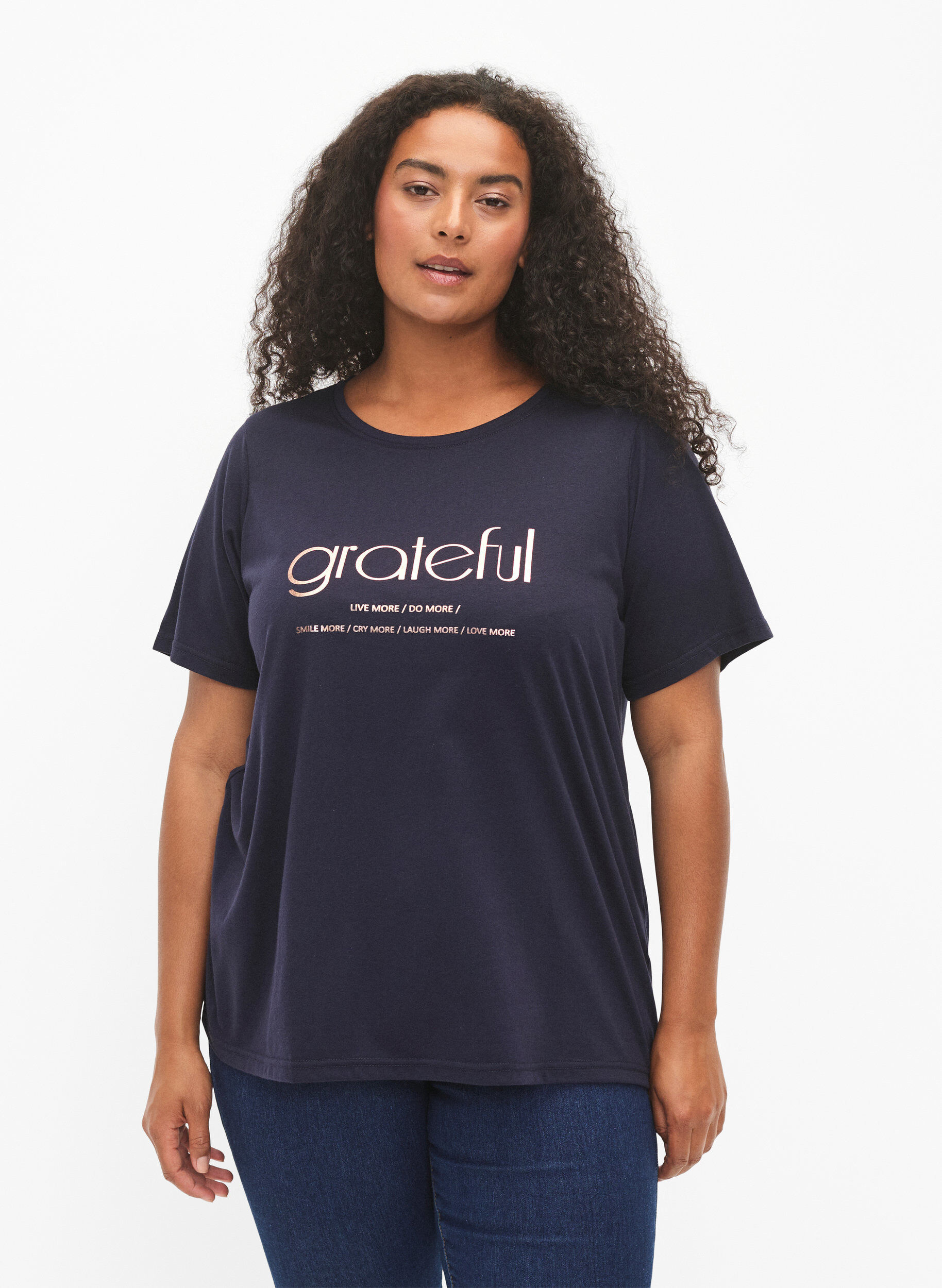 Zizzi FLASH - T-shirt med motiv, Navy Bl Rose Gold, Model image number 0