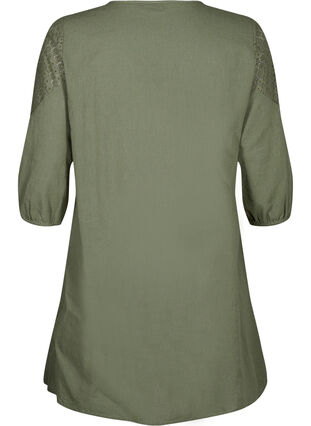 Kjole i bomuldsmix med hør og crochetdetalje, Deep Lichen Green, Packshot image number 1