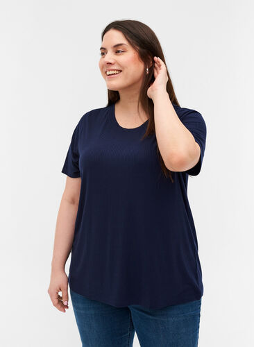 Kortærmet t-shirt i ribkvalitet, Navy Blazer, Model image number 0